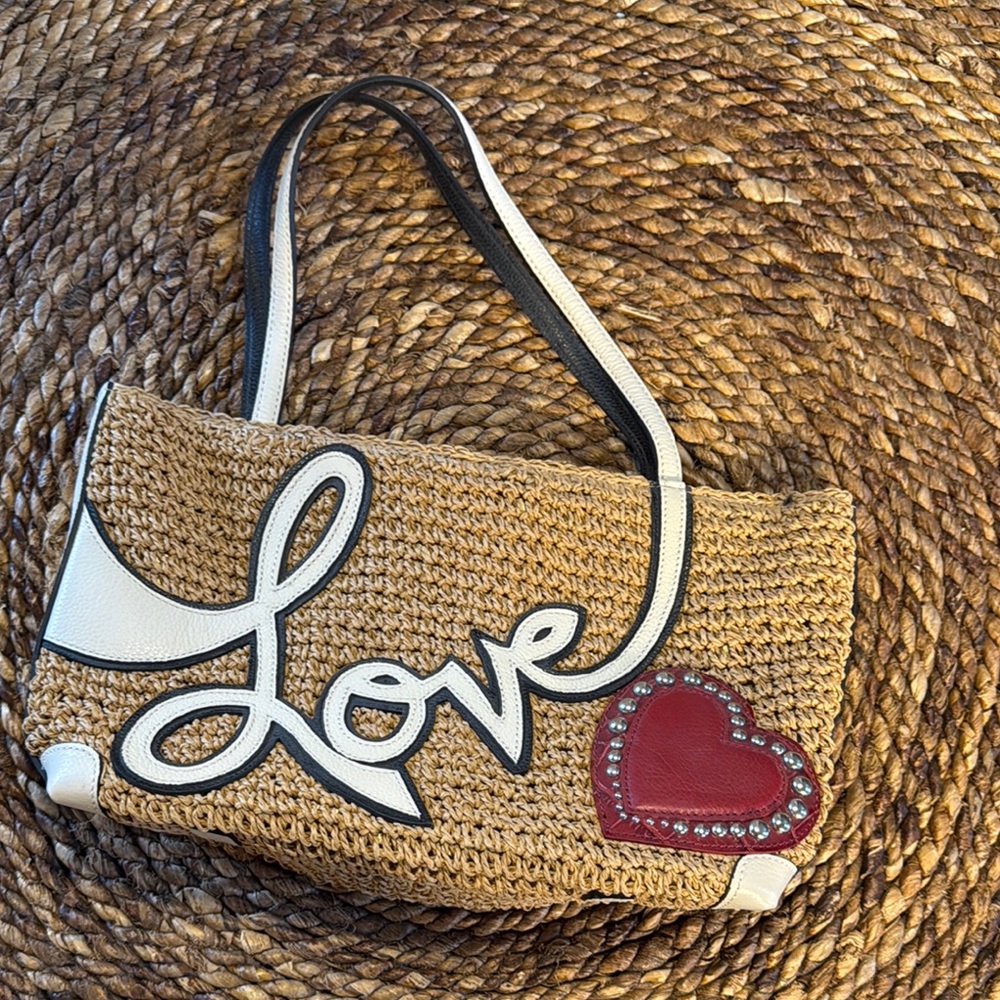 Brighton medium straw love studded heart bag purse tote White red leather NWOT